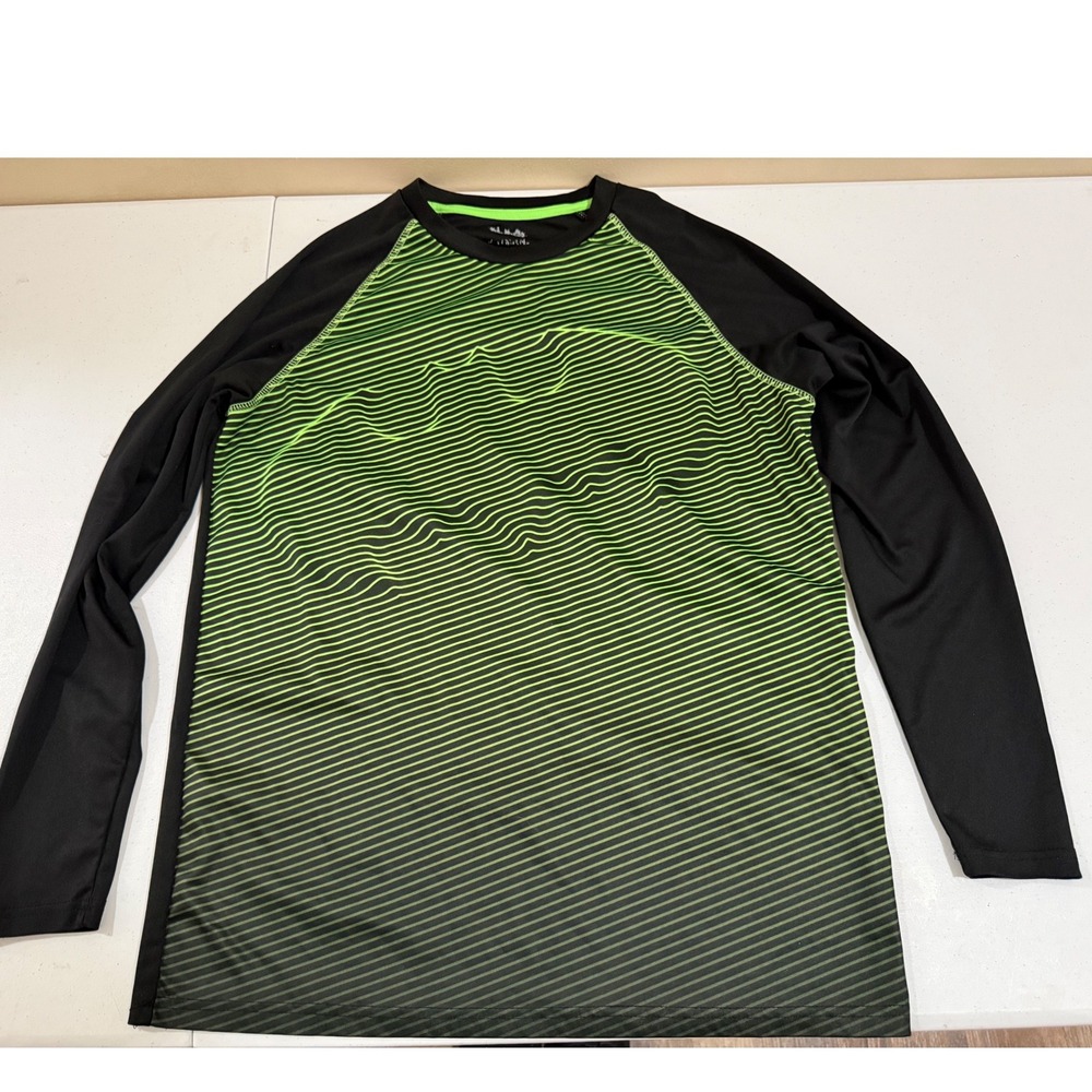 Batman Mens Long Sleeve Performance Shirt Black Lime Green Striped XL 18-20